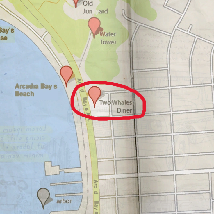 Map showing the Two Whales Diner on Arcadia Bay Avenue