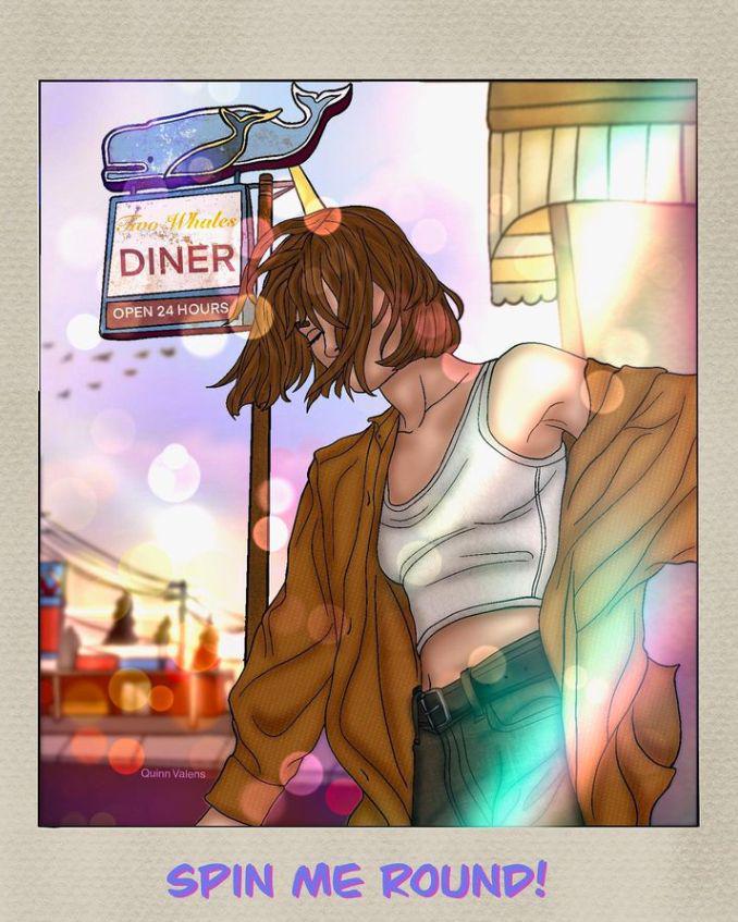 Illustration of Max dancing beneath the Two Whales sign