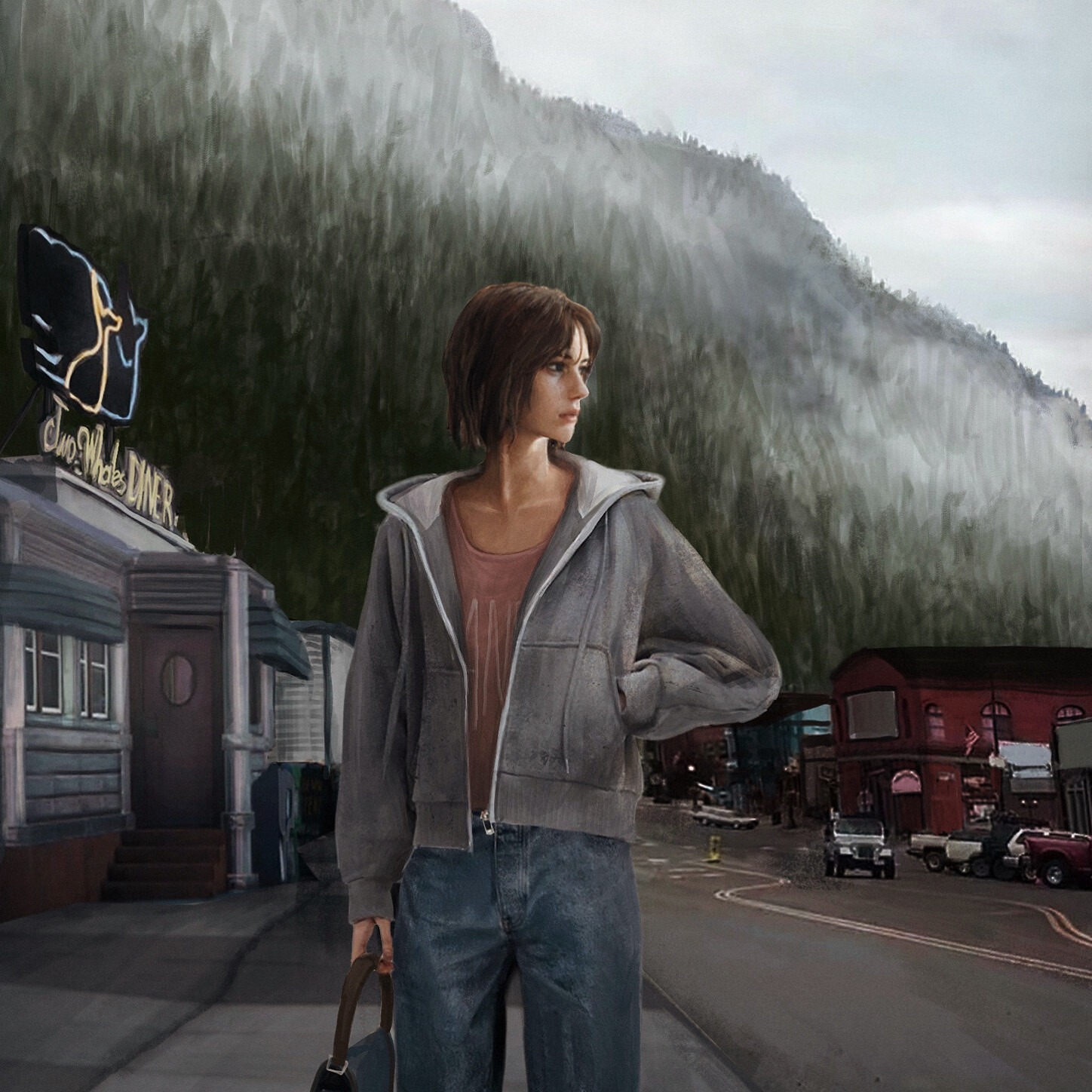 Max standing near the Two Whales Diner in Arcadia Bay