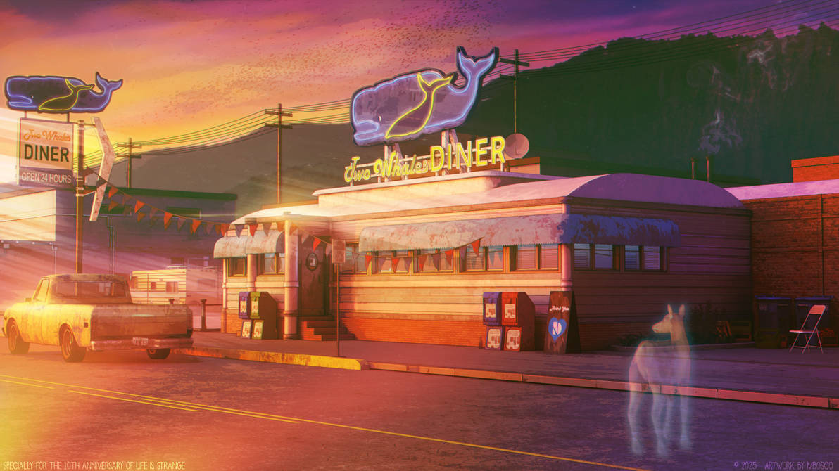 Two Whales Diner glowing during golden hour